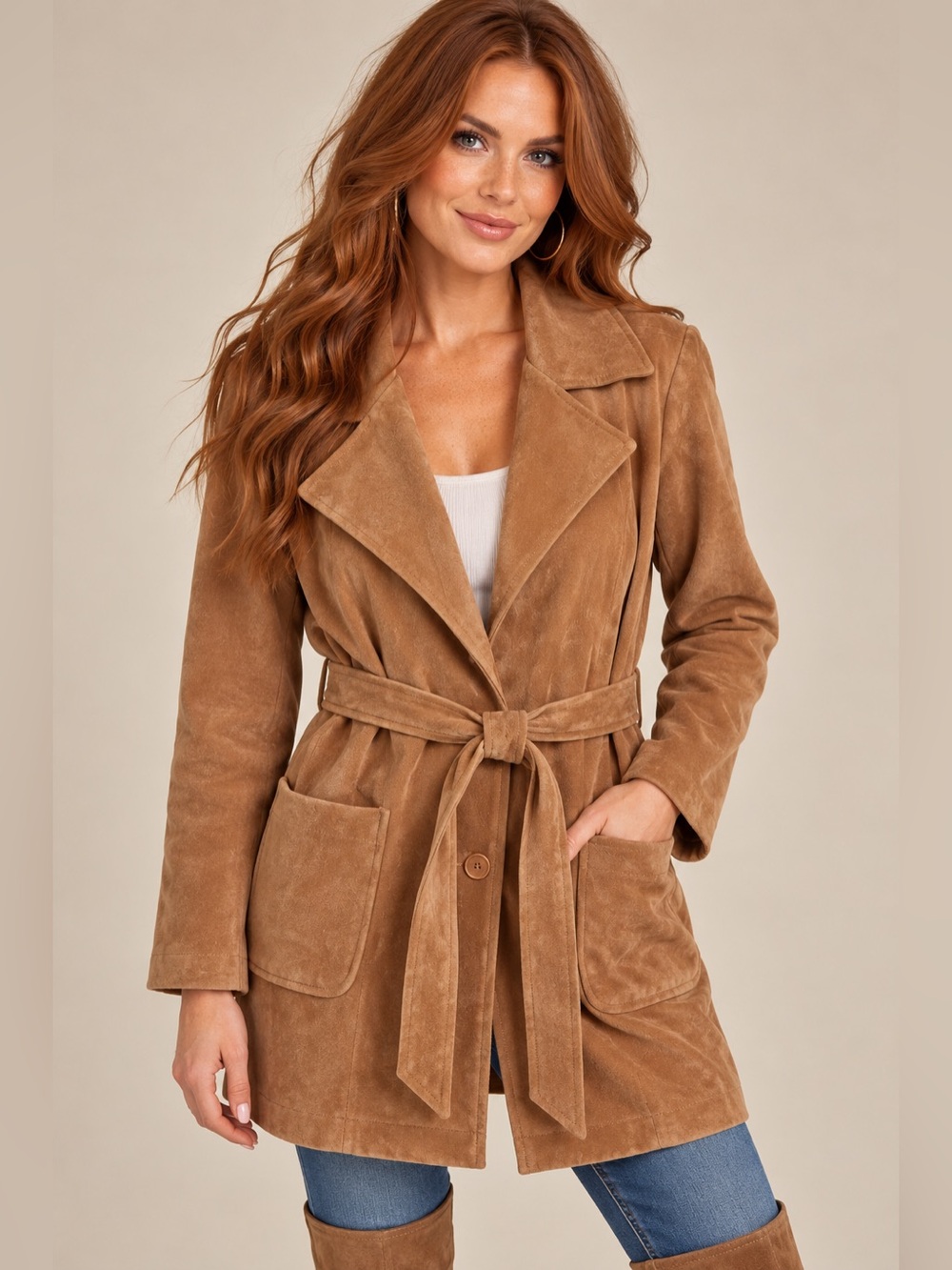 Forever 21 Faux Suede Belted Coat Camel Tan Size L NWOT